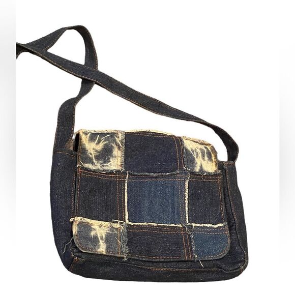 Denim Patchwork Crossbody Purse Bag Blue Jean Acid Washed - Picture 1 of 10